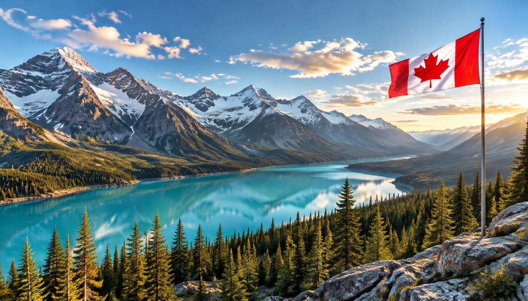 Canadian Rocky Mountains, a glacial lake and a Canadian flag — a landscape spanning the country